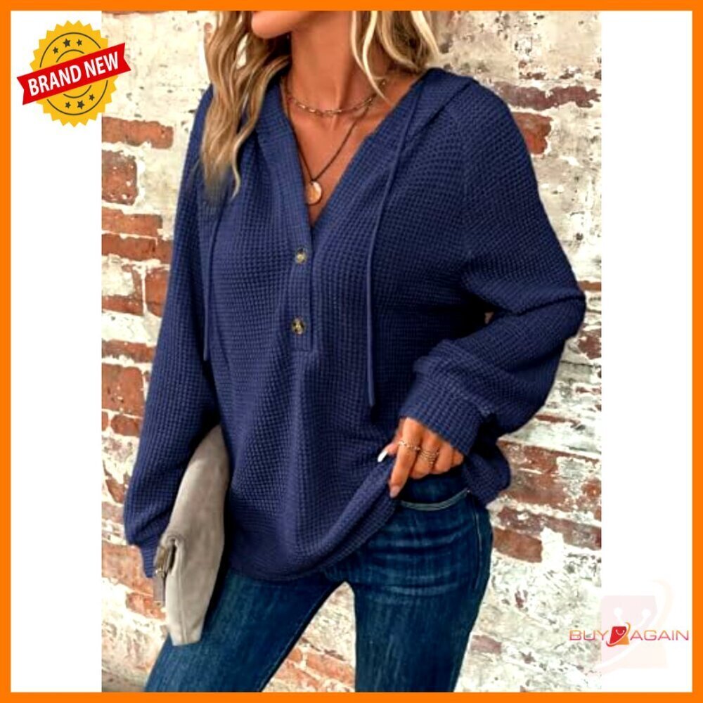 Waffle Knit Oversized Pullover Hoodie V Neck Drawstring Casual Chic Sweatshirt - Picture 3 of 7